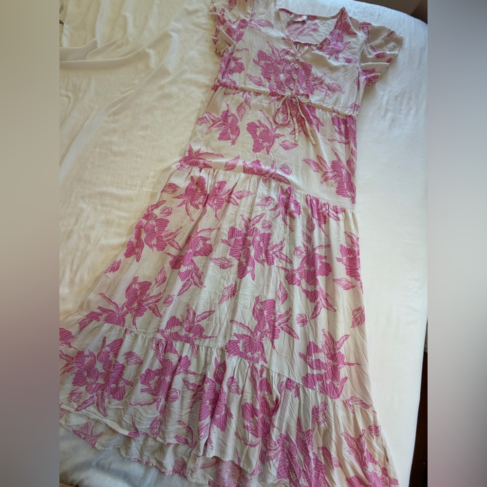 Floral Maxi Dress pink tropical tiered size L flutter sleeves - Picture 5 of 12